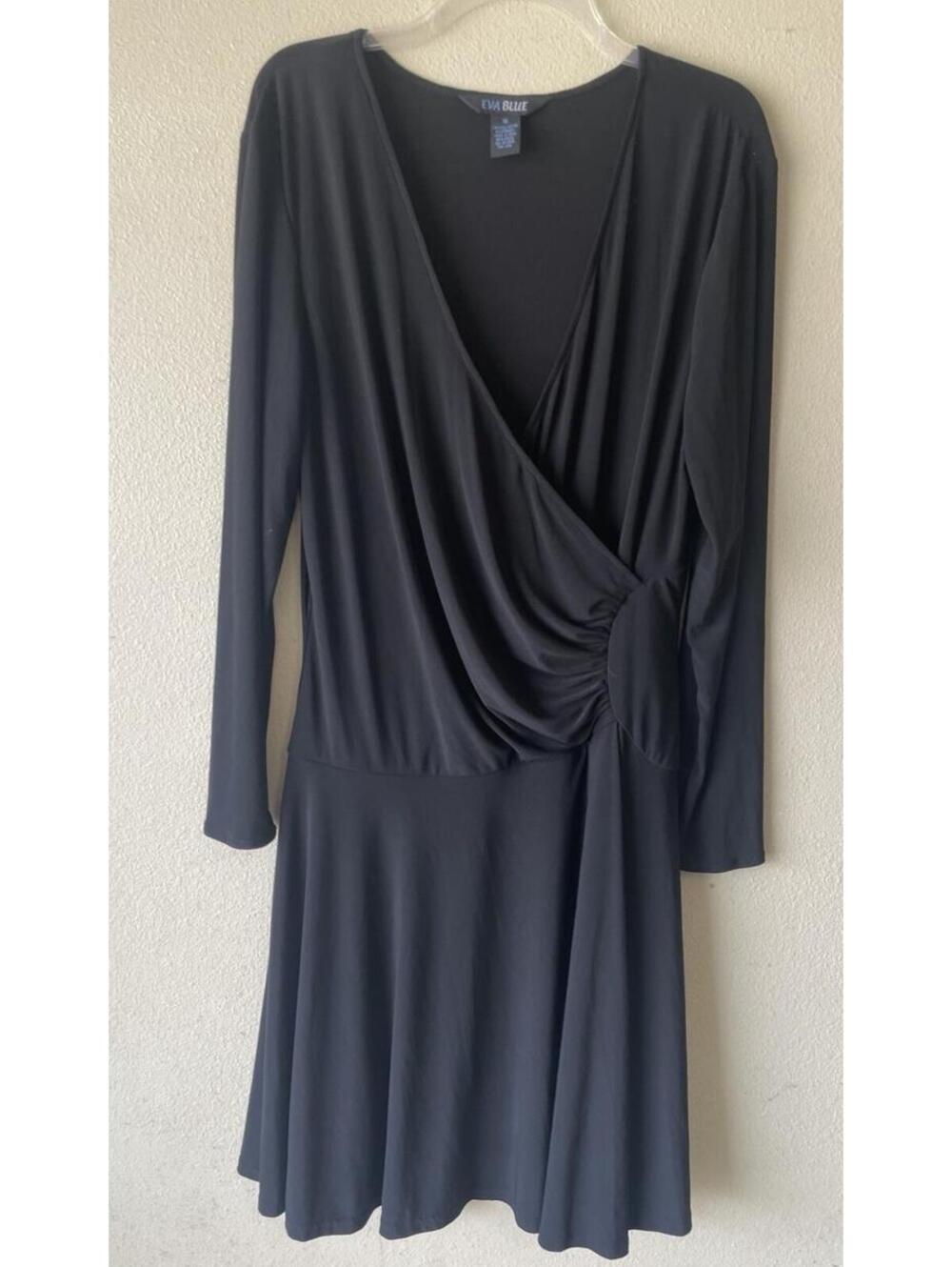 Faux Wrap Dress Size 16 Black Long Sleeve Below The Knee Length Stretchy